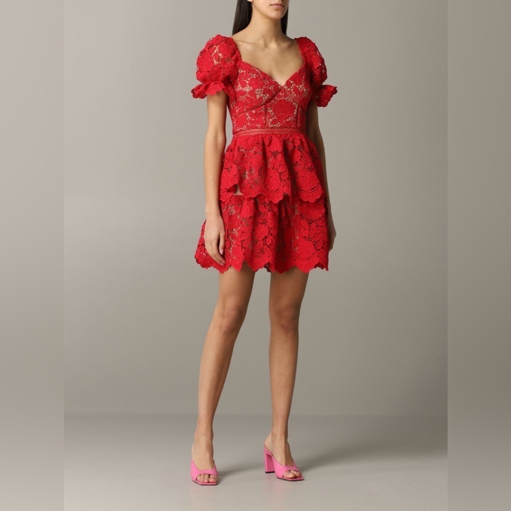 Self Portrait / NWT red guipure embroider ruffle puff Flower Lace Mini Dress 2